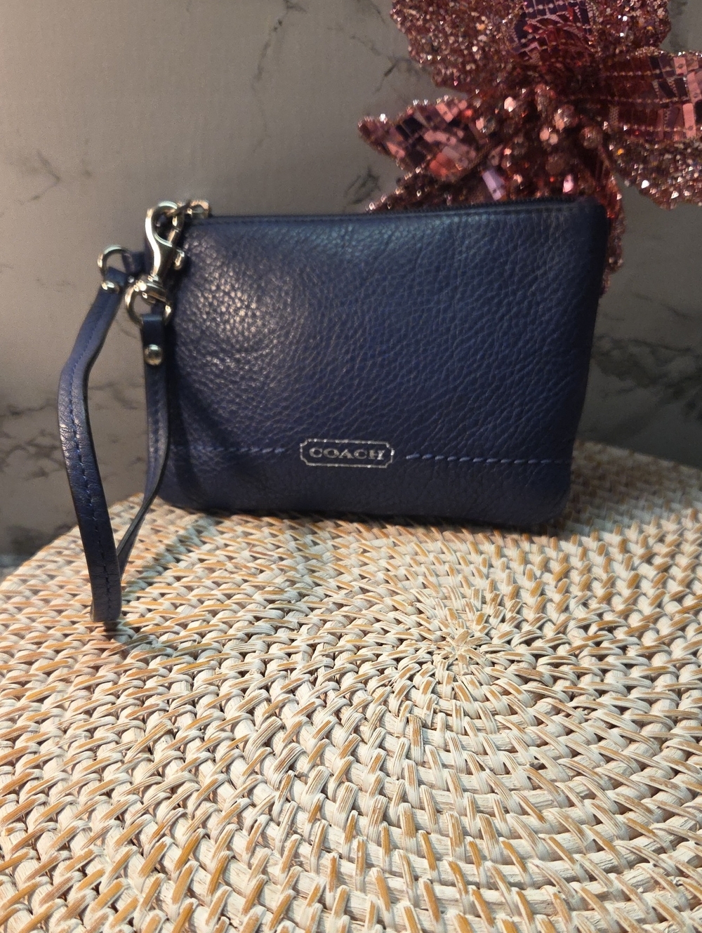 Coach 6x5 Pebbled Leather Navy Wristlet